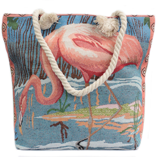 Classic Rope Handled Beach Bag - Flamingo