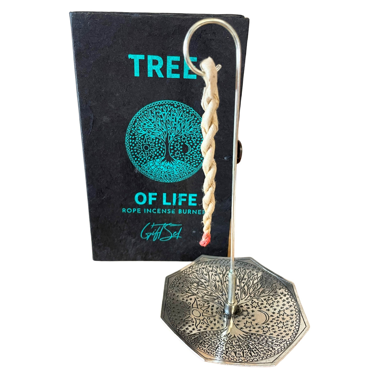 Rope Incense and Silver Plated Holder Set - Tree of Life, with black cover, patterned octagonal holder and hanging rope, by Quintessential Holistic Health Ltd