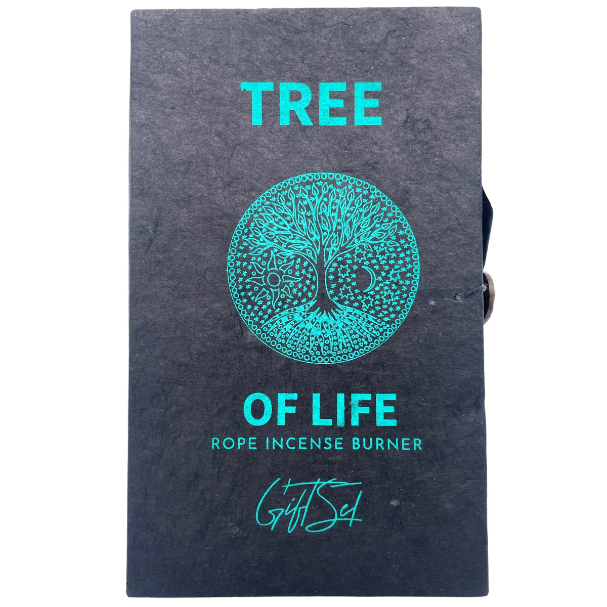 Rope Incense and Silver Plated Holder Set - Tree of Life, closed black cover with turquoise tree motif and lettering, by Quintessential Holistic Health Ltd