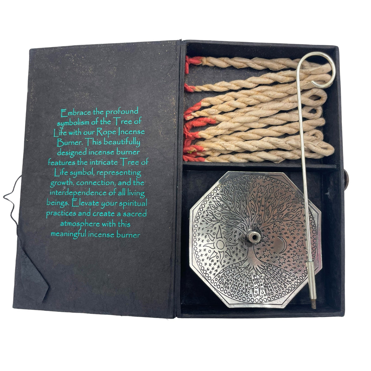 Rope Incense and Silver Plated Holder Set - Tree of Life, open black case displaying coiled ropes and an octagonal holder, by Quintessential Holistic Health Ltd