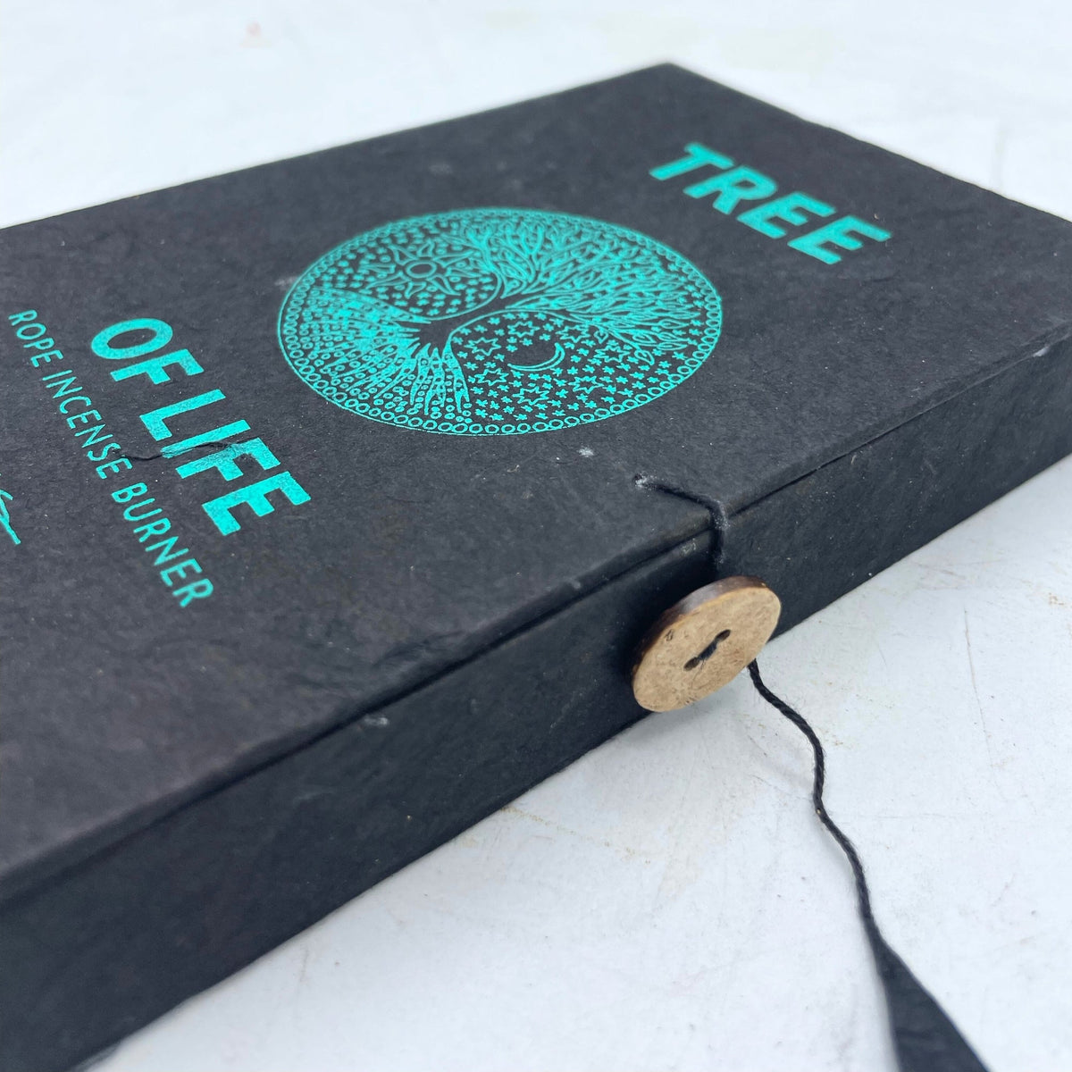 Rope Incense and Silver Plated Holder Set - Tree of Life, black case with turquoise design, wooden button and cord closure, by Quintessential Holistic Health Ltd