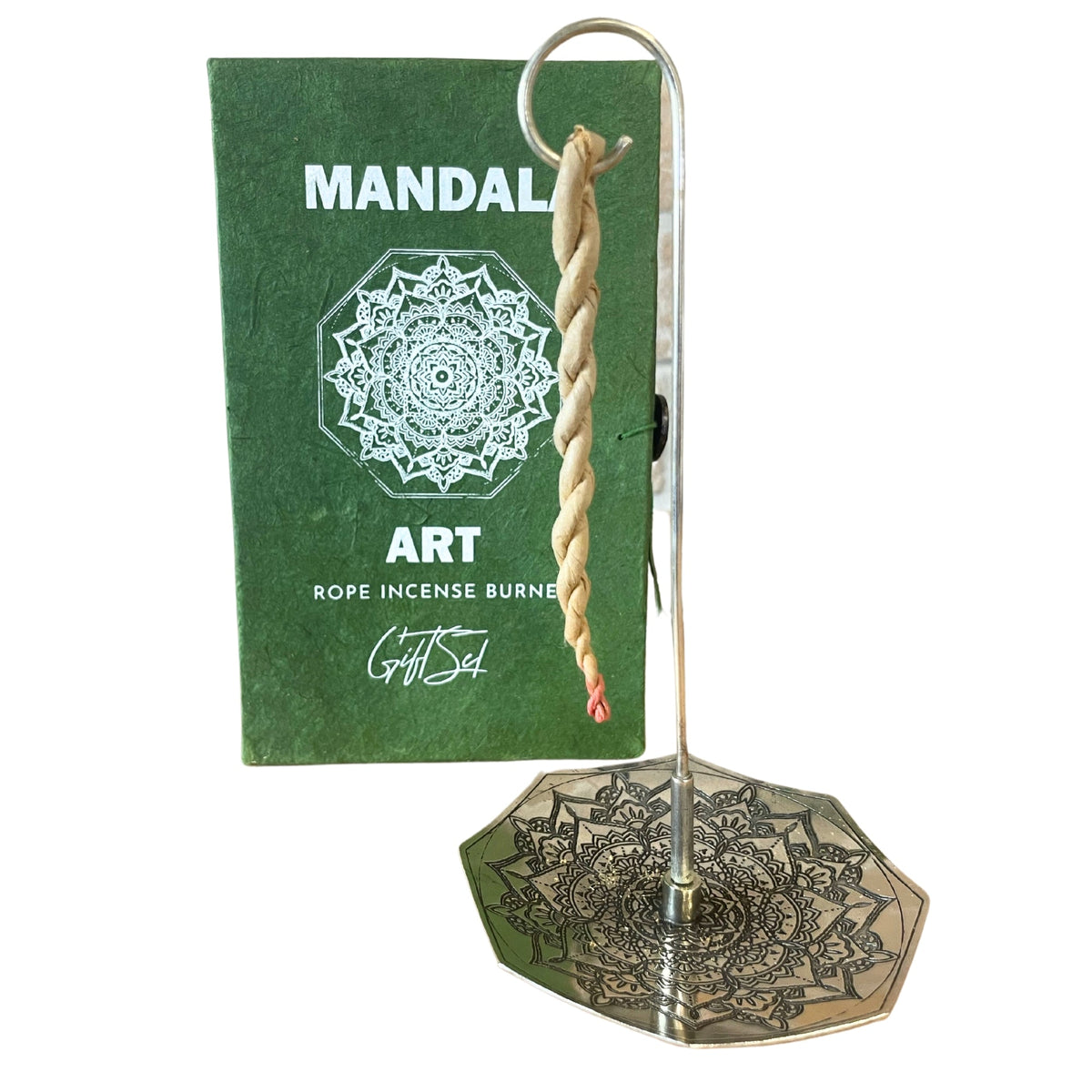 Rope Incense and Silver Plated Holder Set - Mandala Flower with octagonal patterned holder, tall hook, twisted rope and green cover by Quintessential Holistic Health Ltd