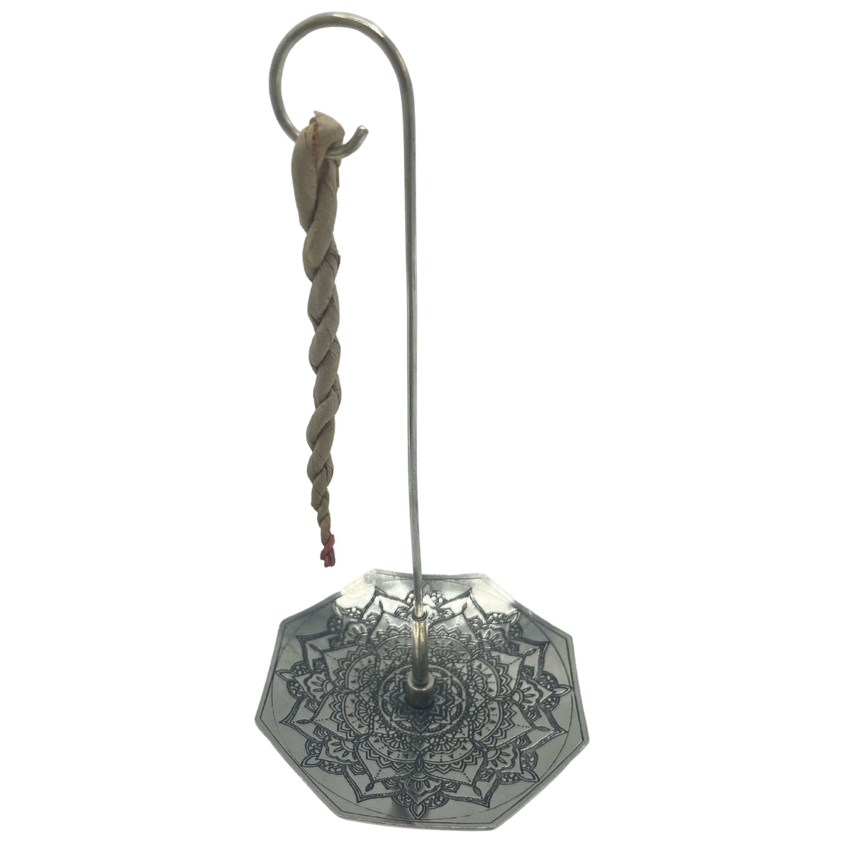 Rope Incense and Silver Plated Holder Set - Mandala Flower with ornate octagonal holder and twisted rope suspended from a tall hook by Quintessential Holistic Health Ltd