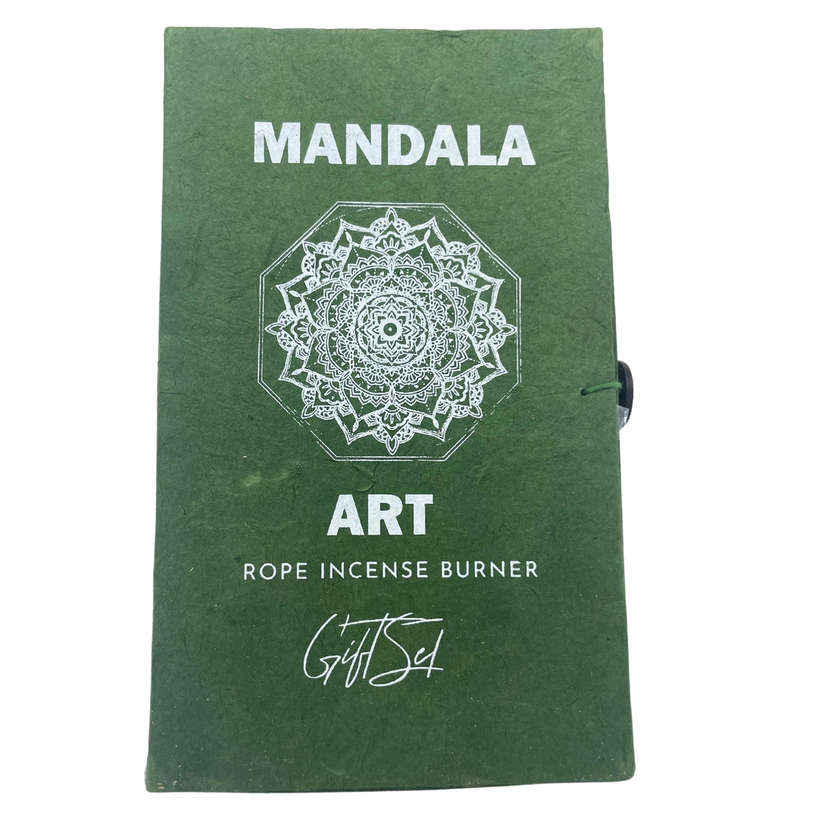 Rope Incense and Silver Plated Holder Set - Mandala Flower with white mandala motif and lettering on a green cover by Quintessential Holistic Health Ltd