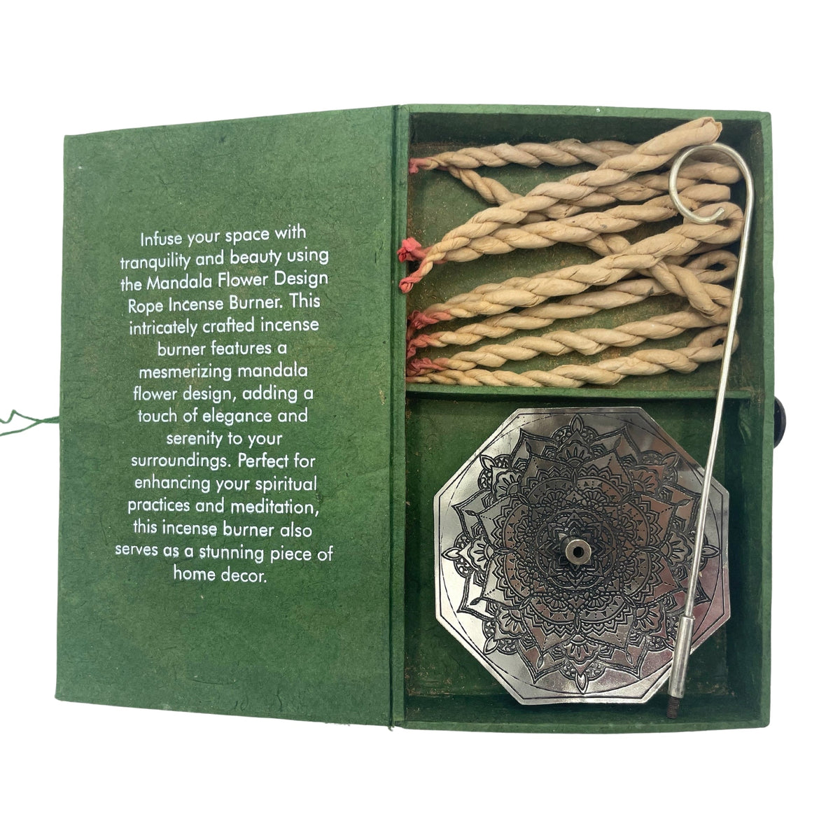 Rope Incense and Silver Plated Holder Set - Mandala Flower with coiled ropes and an octagonal holder inside an open green cover by Quintessential Holistic Health Ltd