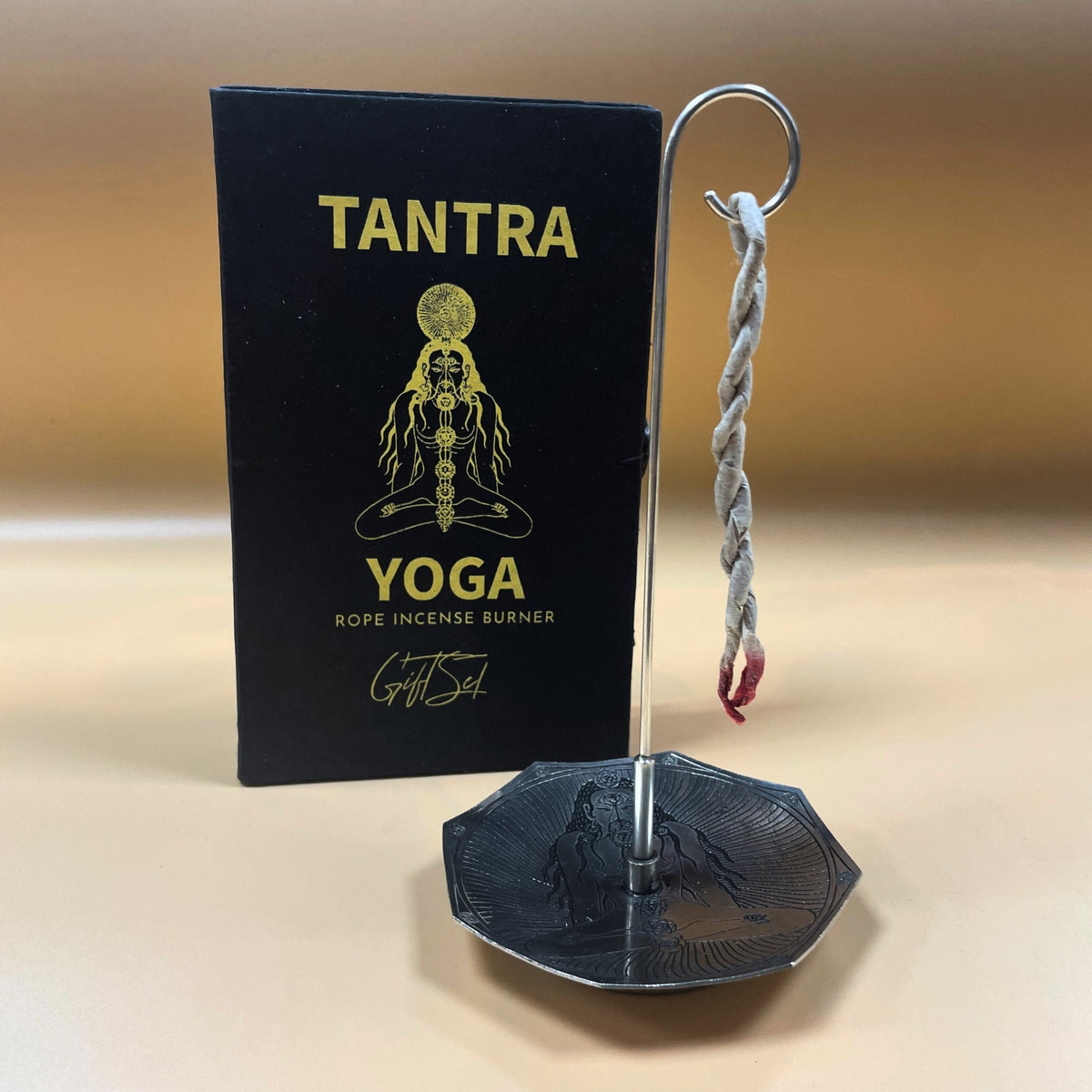 Rope Incense and Silver Plated Holder Set - Tantra Yoga, with black cover, octagonal holder and hanging twisted rope, by Quintessential Holistic Health Ltd