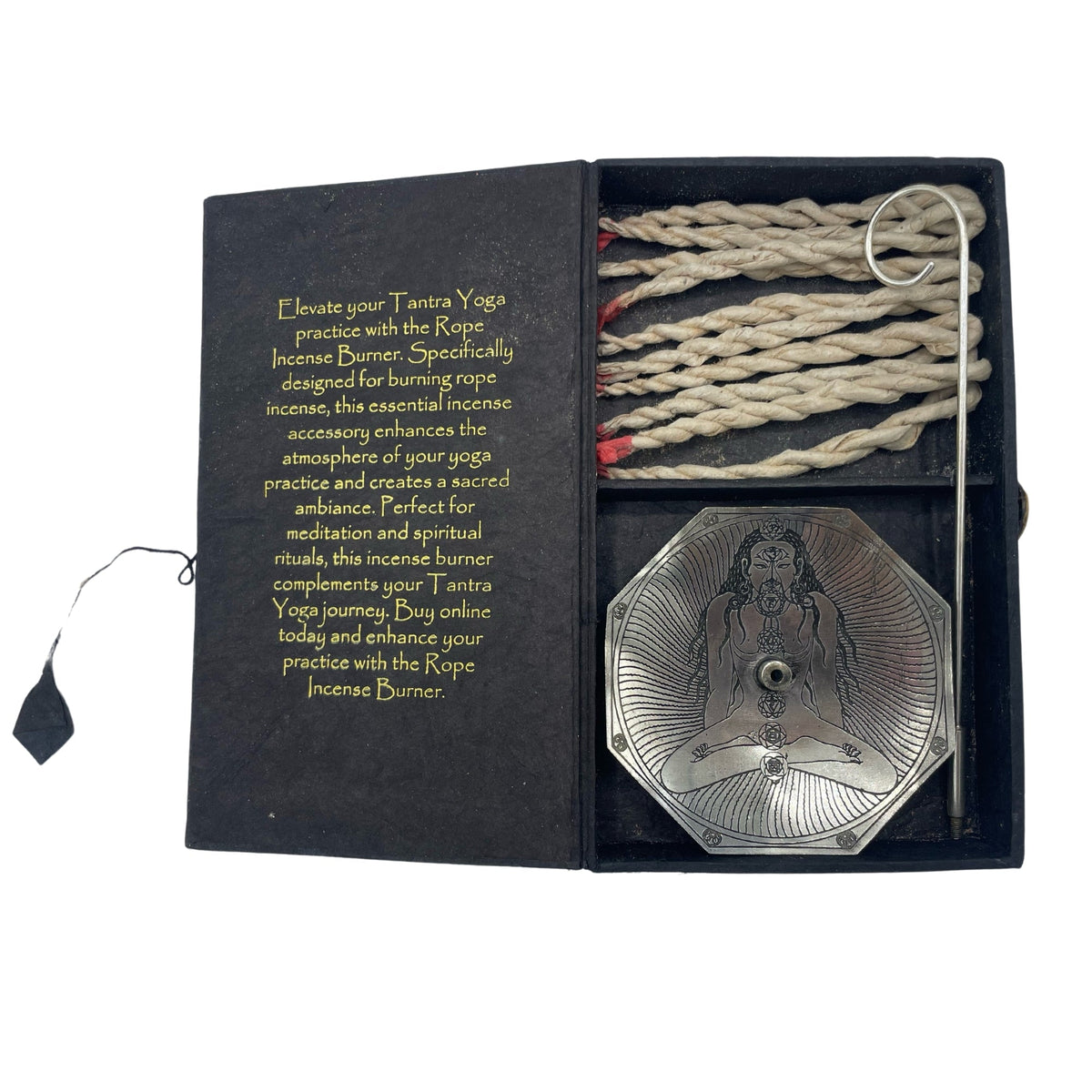 Rope Incense and Silver Plated Holder Set - Tantra Yoga, open black case displaying coiled ropes and an octagonal holder, by Quintessential Holistic Health Ltd