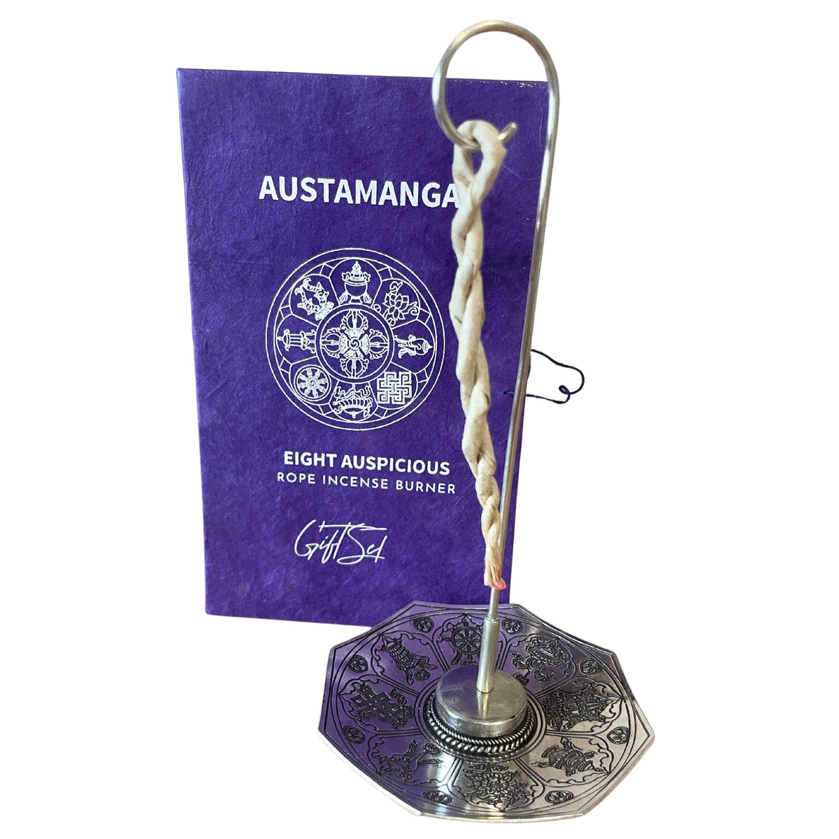 Rope Incense and Silver Plated Holder Set - Astamangal with a purple card, twisted hanging rope and ornate silver-tone base by Quintessential Holistic Health Ltd
