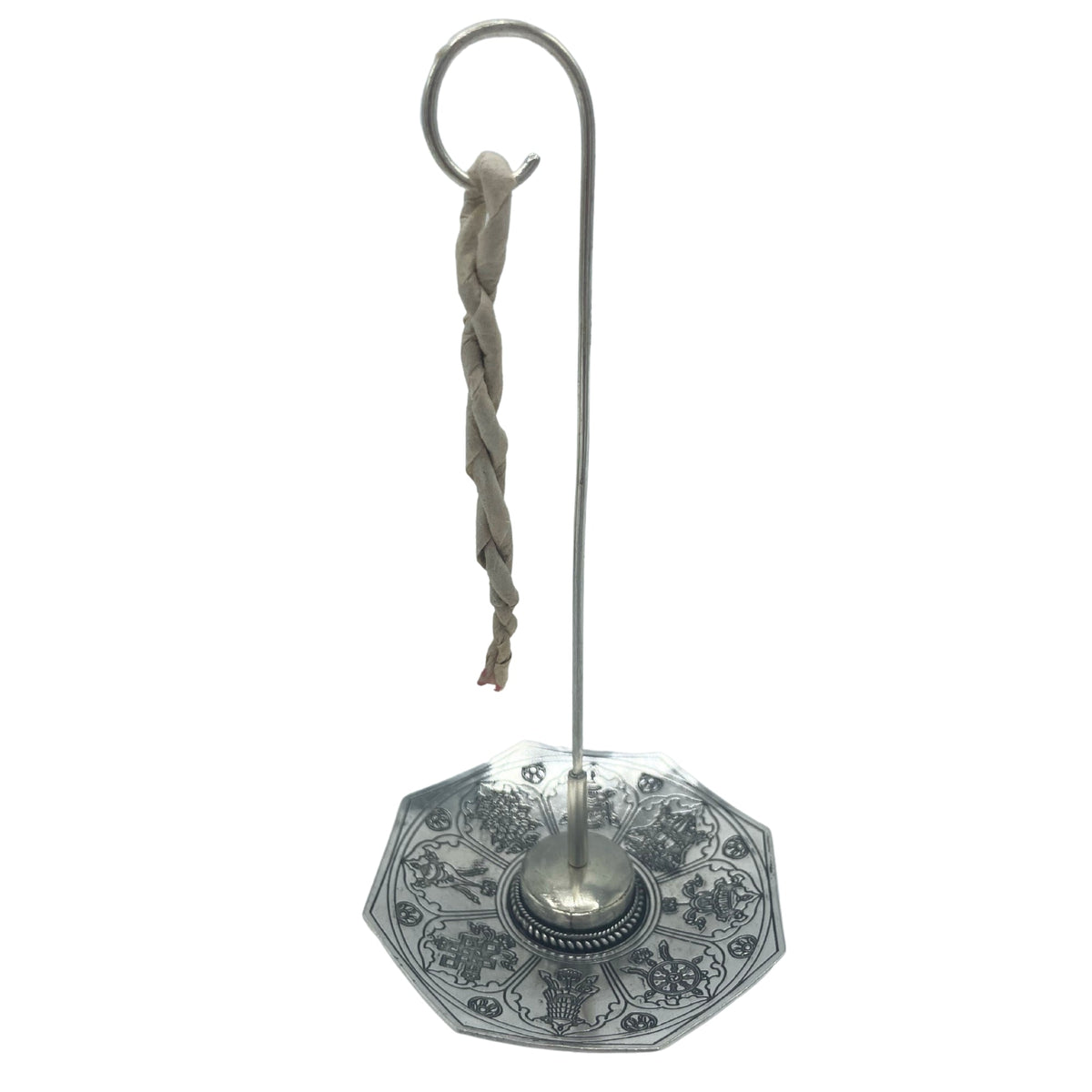 Rope Incense and Silver Plated Holder Set - Astamangal with twisted rope suspended from a tall hook above an engraved octagonal base by Quintessential Holistic Health Ltd