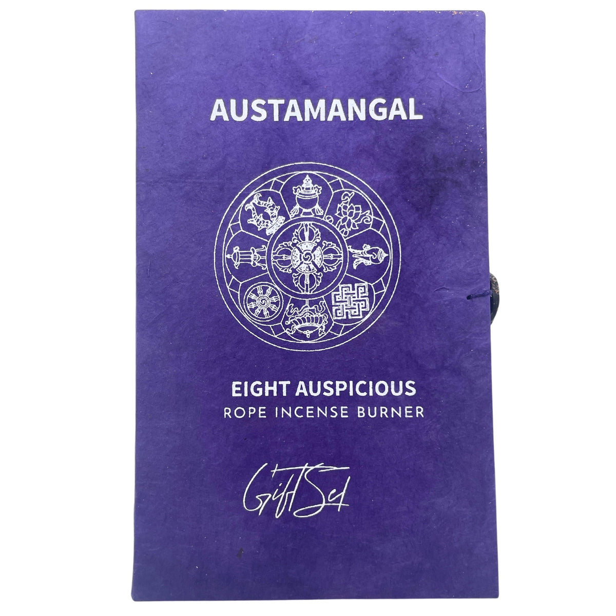 Rope Incense and Silver Plated Holder Set - Astamangal with white mandala emblem and lettering on a purple cover by Quintessential Holistic Health Ltd