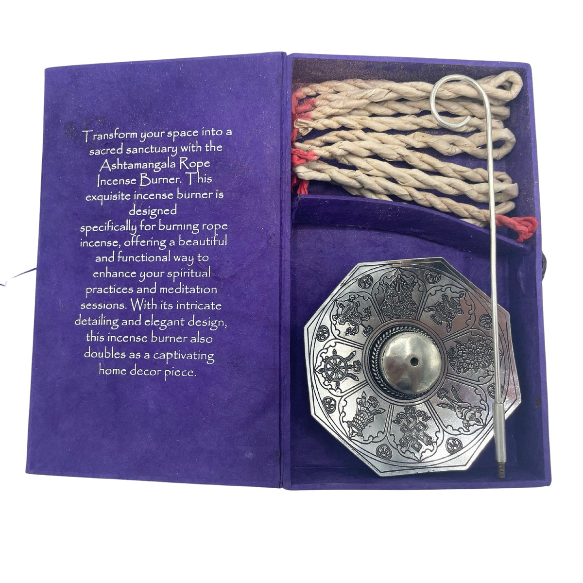 Rope Incense and Silver Plated Holder Set - Astamangal with coiled ropes and an ornate octagonal holder inside an open purple cover by Quintessential Holistic Health Ltd
