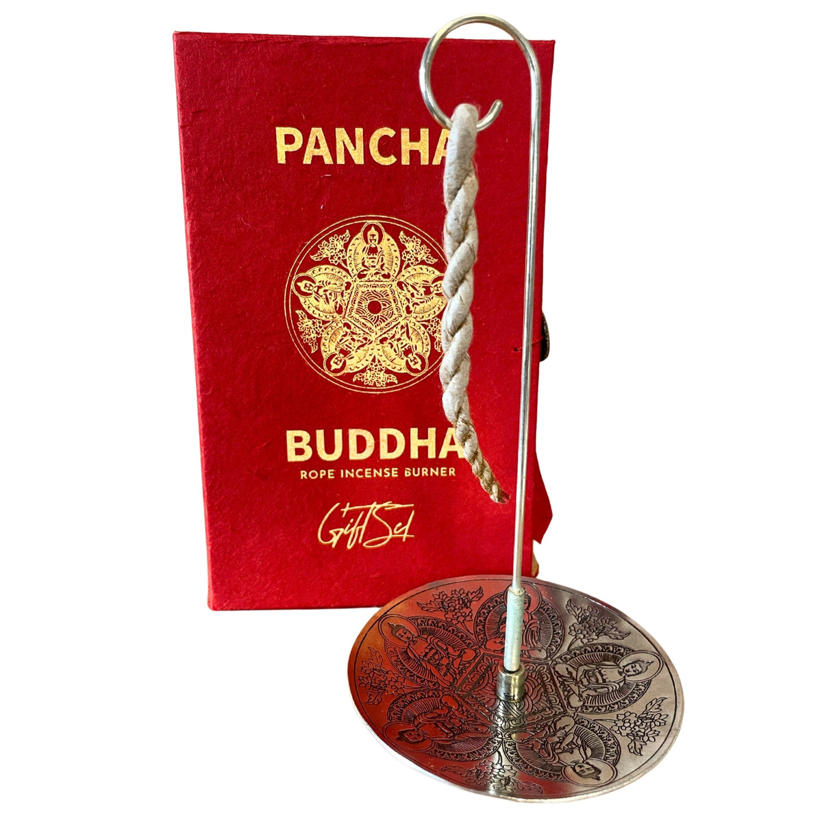 Rope Incense and Silver Plated Holder Set - Pancha Buddha with round engraved holder, tall hook, twisted rope and red cover by Quintessential Holistic Health Ltd