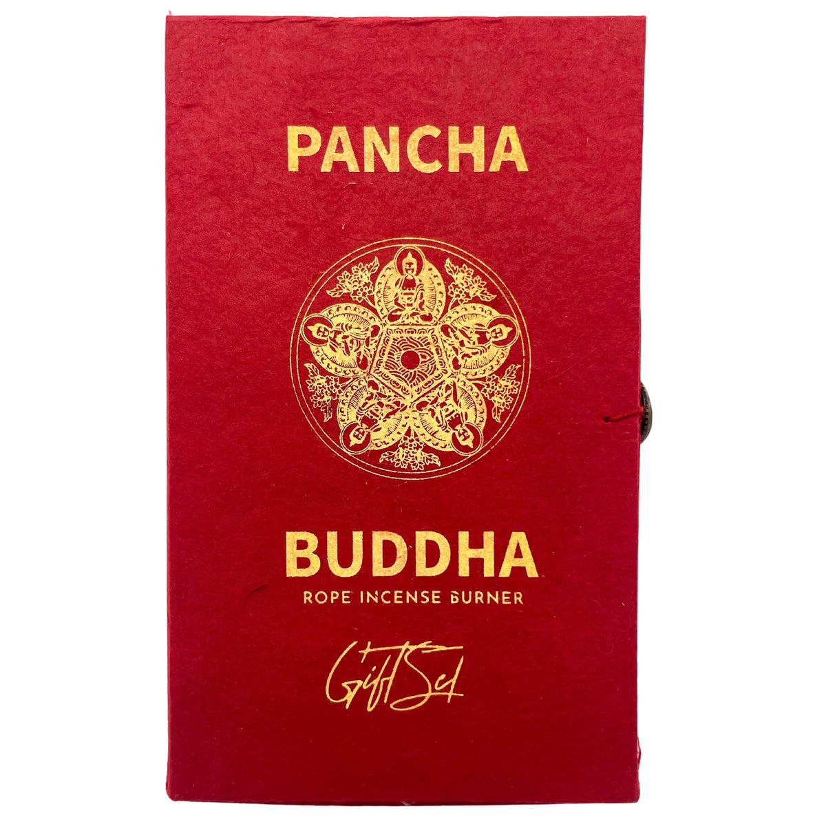 Rope Incense and Silver Plated Holder Set - Pancha Buddha with gold lettering and ornate circular motif on a red cover by Quintessential Holistic Health Ltd