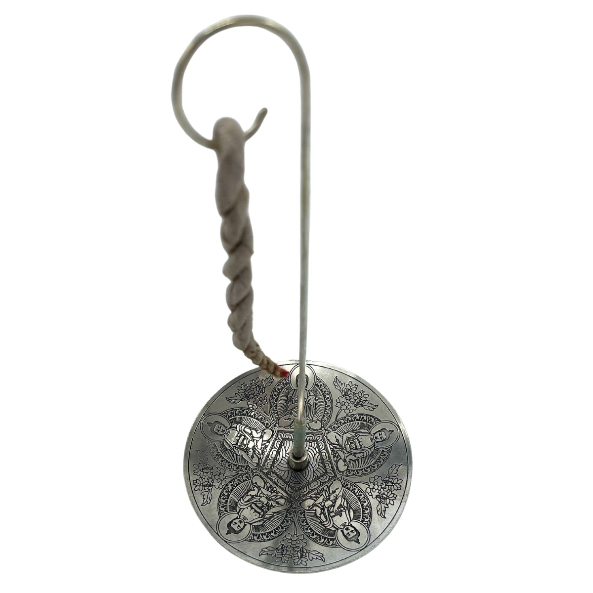 Rope Incense and Silver Plated Holder Set - Pancha Buddha with round engraved holder and twisted rope suspended from a tall hook by Quintessential Holistic Health Ltd