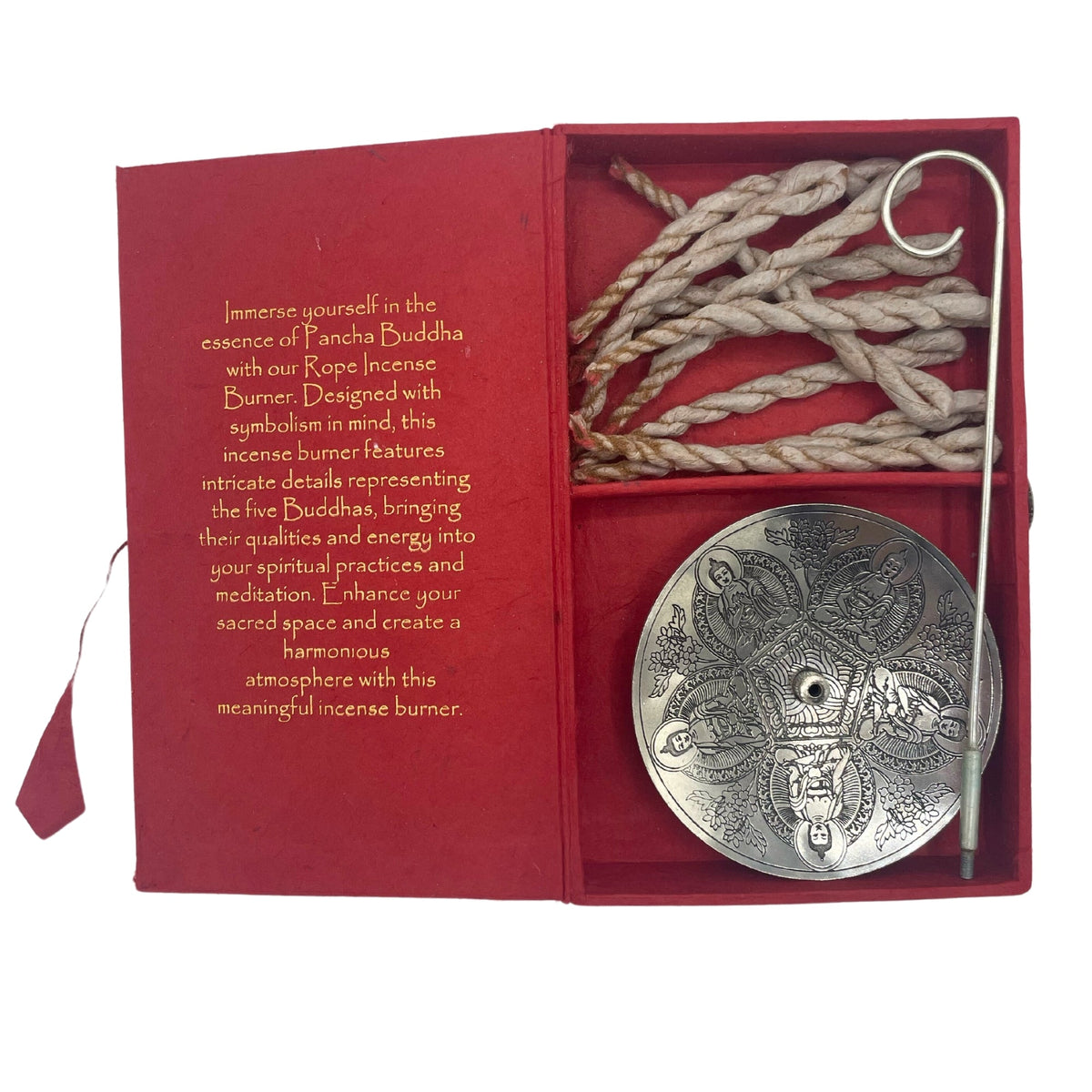 Rope Incense and Silver Plated Holder Set - Pancha Buddha with coiled ropes and a round engraved holder inside an open red cover by Quintessential Holistic Health Ltd