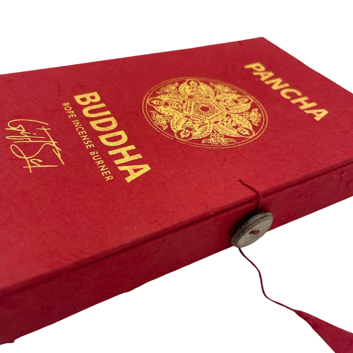 Rope Incense and Silver Plated Holder Set - Pancha Buddha with gold circular motif, lettering and button tie on a red cover by Quintessential Holistic Health Ltd