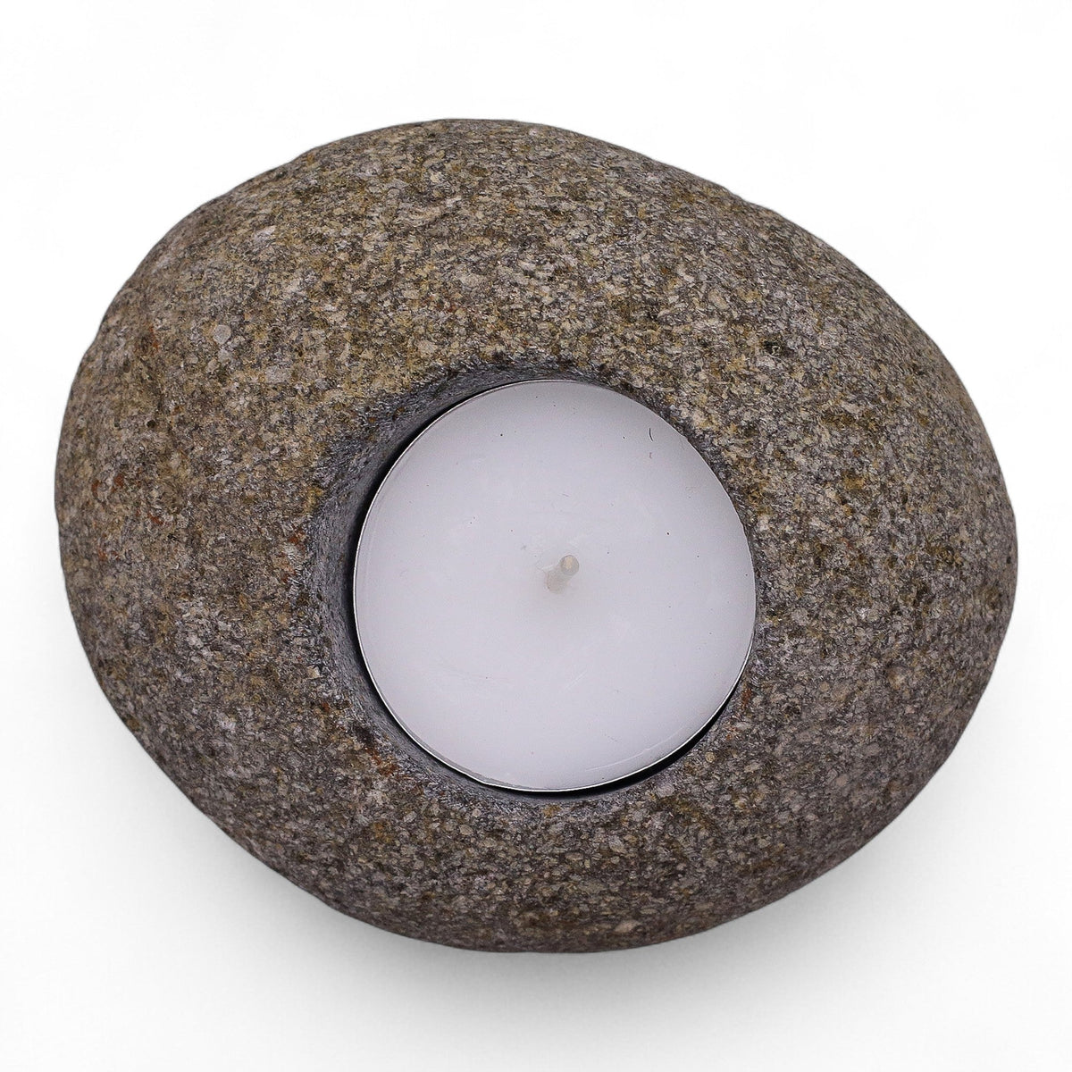 Natural Riverstone Tea Light Candle Holder - Single, rounded grey stone viewed from above with one white tea light by Quintessential Holistic Health Ltd