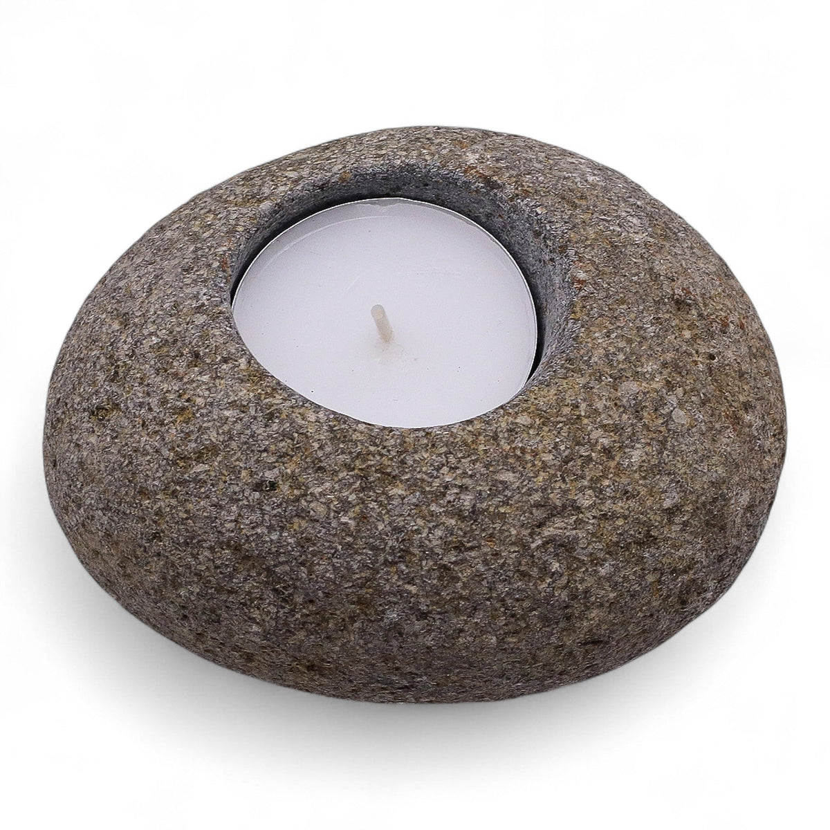 Natural Riverstone Tea Light Candle Holder - Single, low rounded speckled stone with one recessed white tea light by Quintessential Holistic Health Ltd