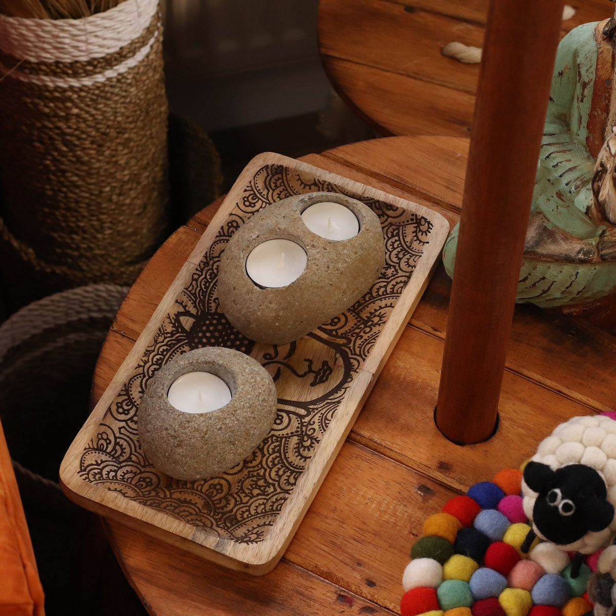 Natural Riverstone Tea Light Holder - Double, rectangular holder with carved decorative patterns and two white tea lights by Quintessential Holistic Health Ltd