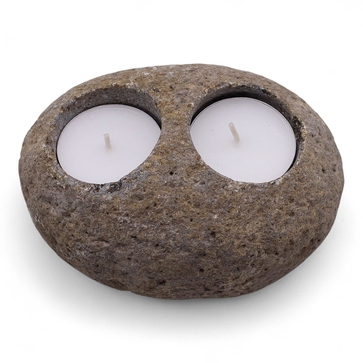 Natural Riverstone Tea Light Holder - Double, rounded speckled grey stone with two recessed white tea lights, by Quintessential Holistic Health Ltd