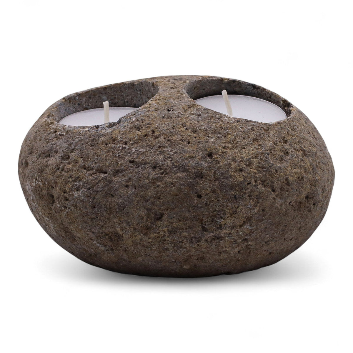 Natural Riverstone Tea Light Holder - Double, dark grey oval stone with two recessed white tea lights, by Quintessential Holistic Health Ltd