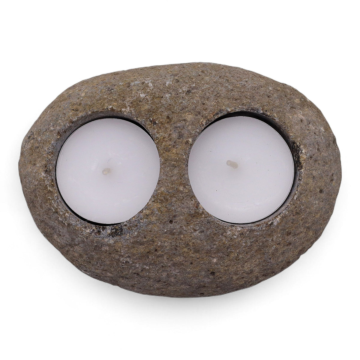 Natural Riverstone Tea Light Holder - Double, flat oval stone with two recessed white tea lights by Quintessential Holistic Health Ltd