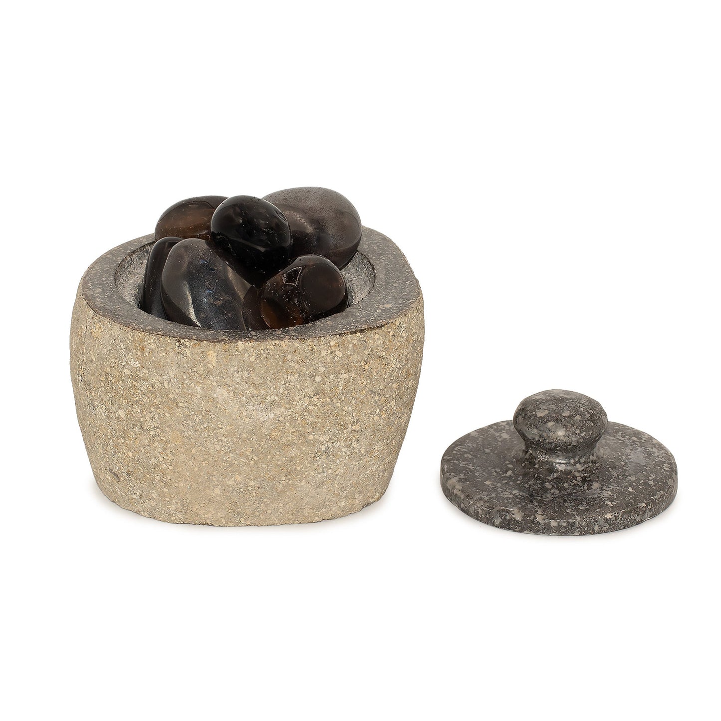 Hand Carved Natural River Stone Grounding Pot - Small product packaging on clean background from Quintessential Holistic Health Ltd