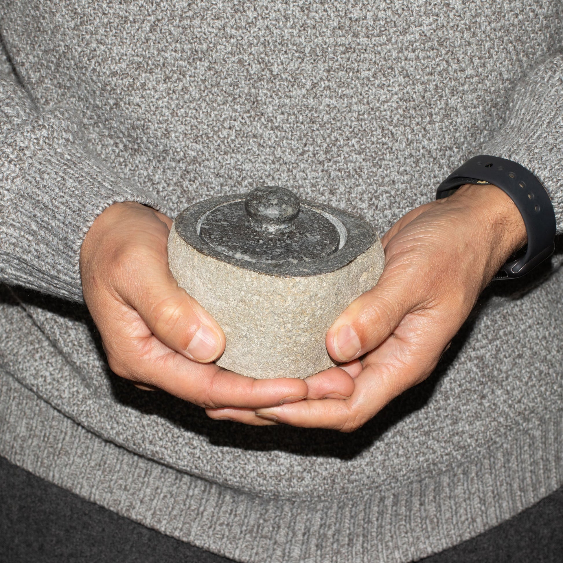 Hand Carved Natural River Stone Grounding Pot - Small product packaging on clean background from Quintessential Holistic Health Ltd