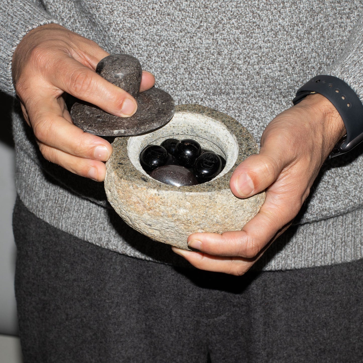 Hand Carved Natural River Stone Grounding Pot - Medium product packaging on clean background from Quintessential Holistic Health Ltd