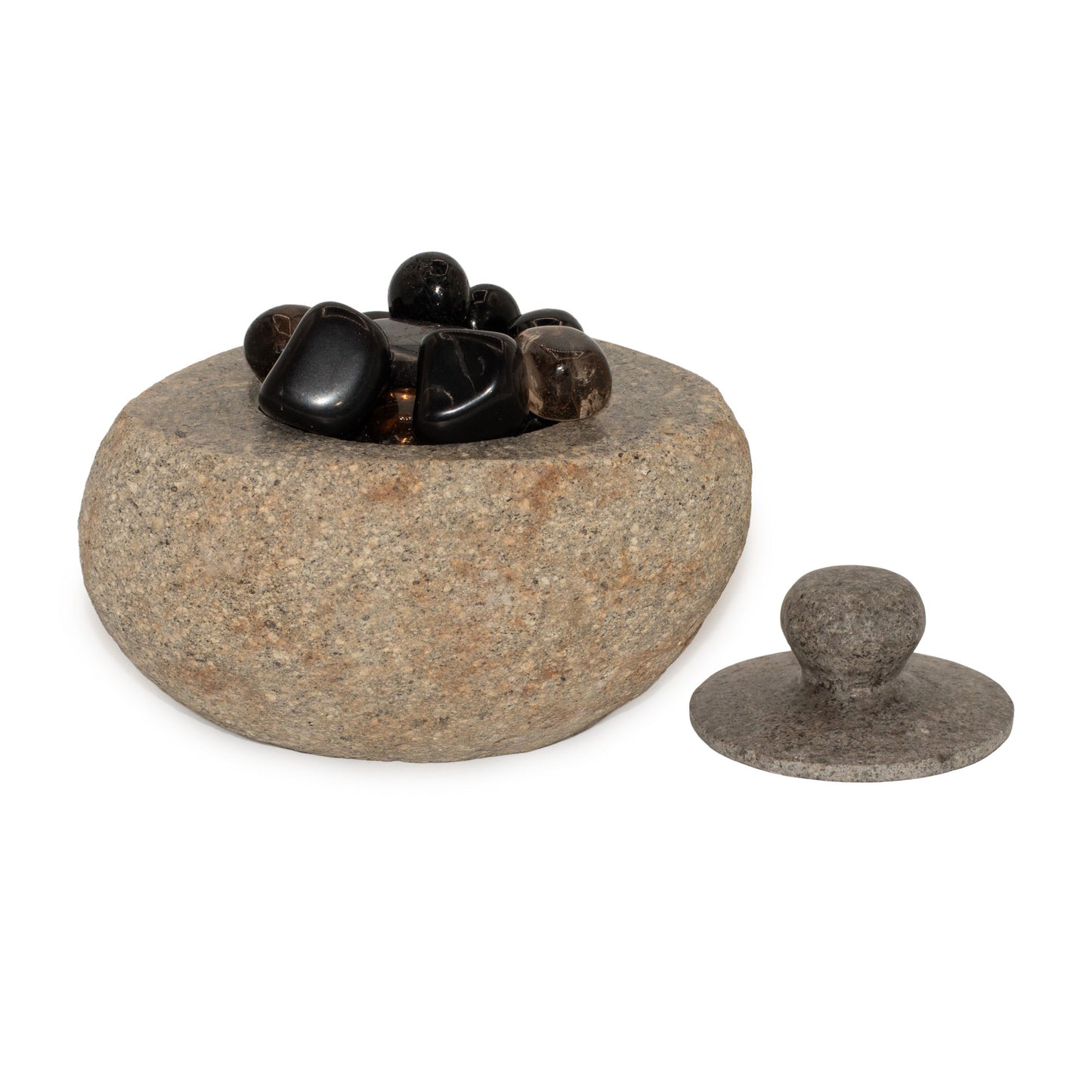 Hand Carved Natural River Stone Grounding Pot - Large product packaging on clean background from Quintessential Holistic Health Ltd