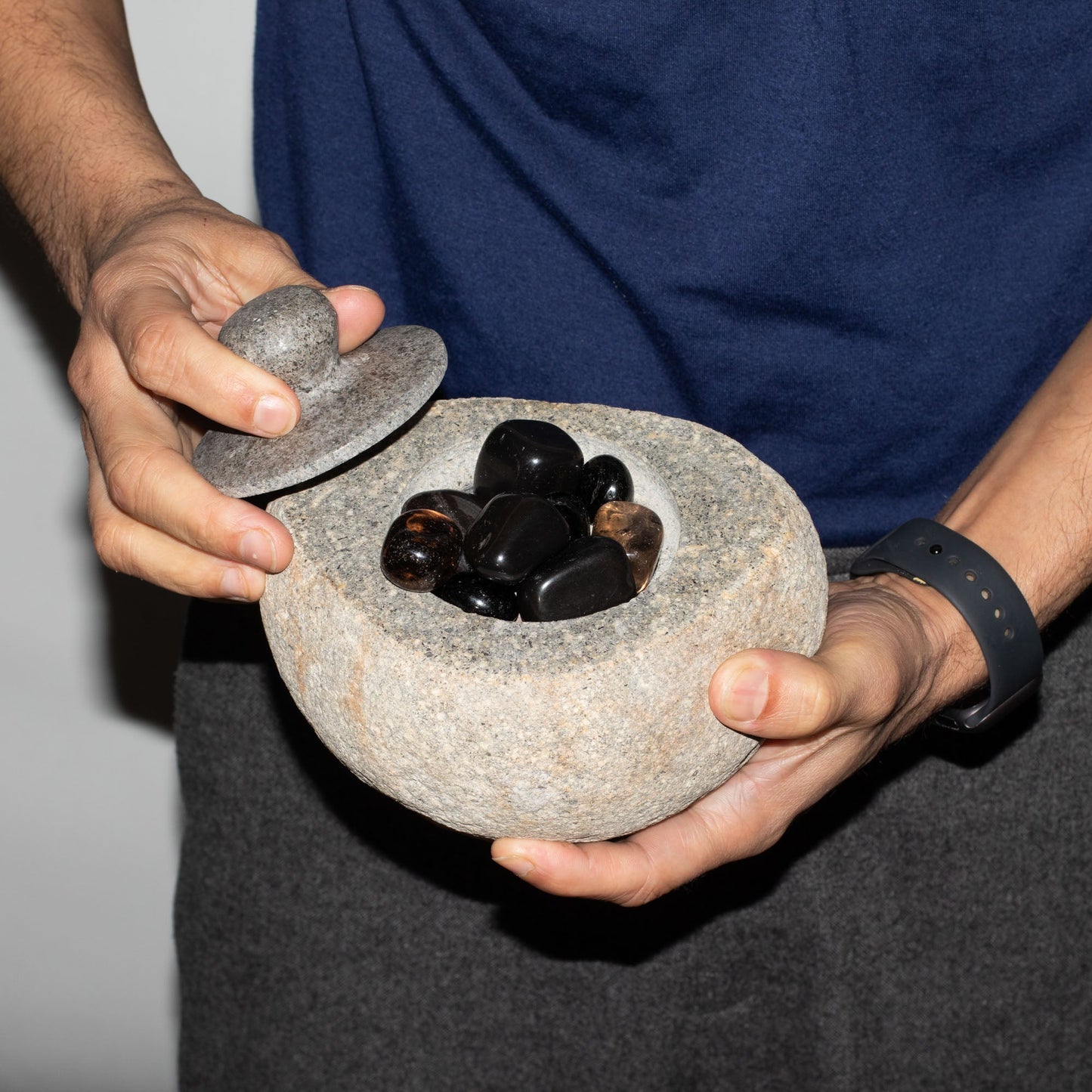 Hand Carved Natural River Stone Grounding Pot - Large product packaging on clean background from Quintessential Holistic Health Ltd