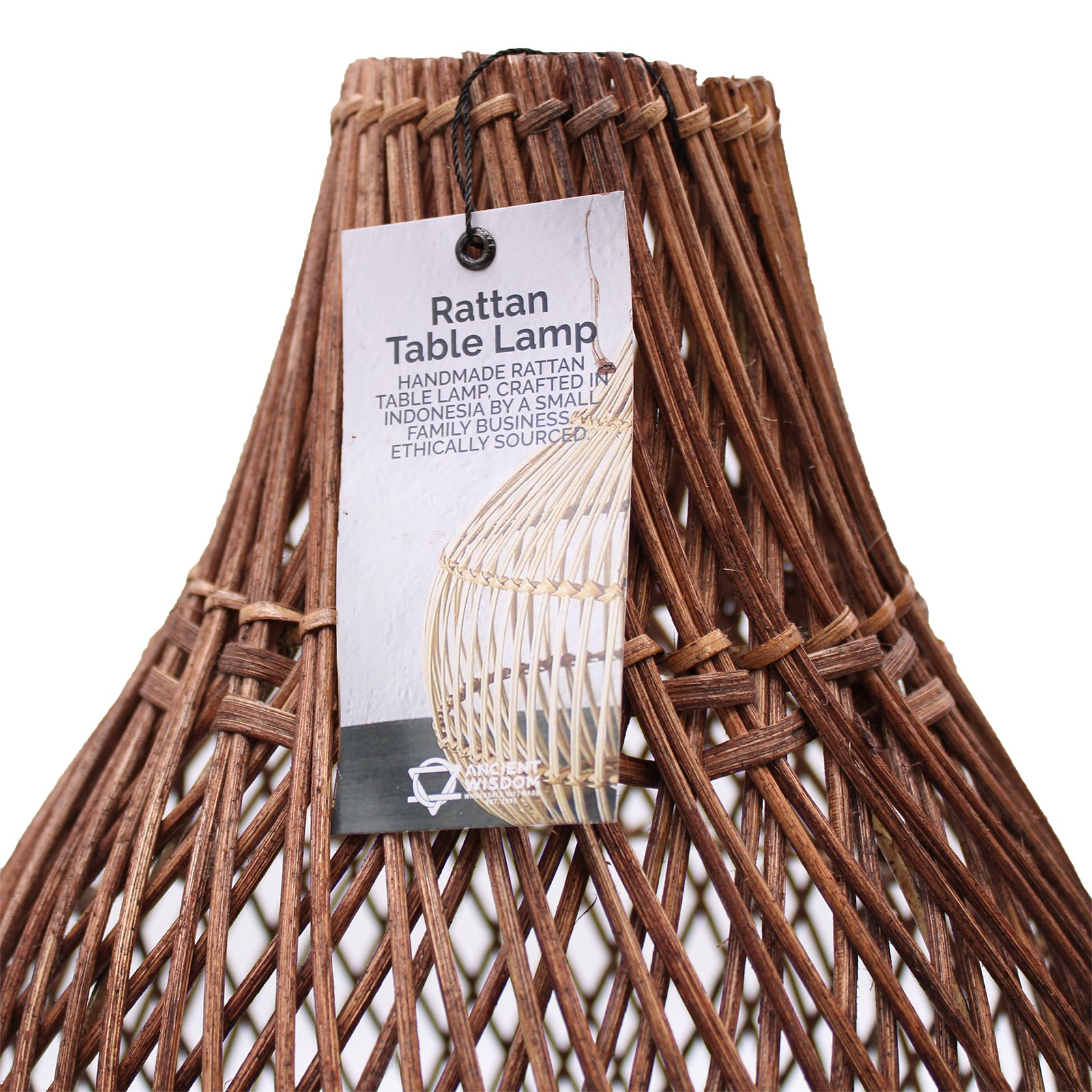 Hand-Woven Rattan Table Lamp - Dark Brown product packaging on clean background from Quintessential Holistic Health Ltd