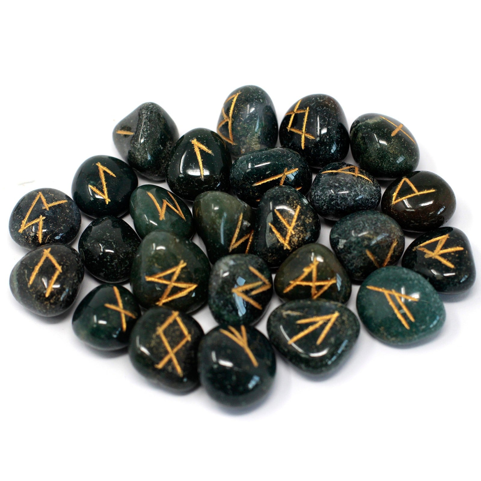 Rune Stone Set in a Pouch - Bloodstone Gemstones product packaging on clean background from Quintessential Holistic Health Ltd