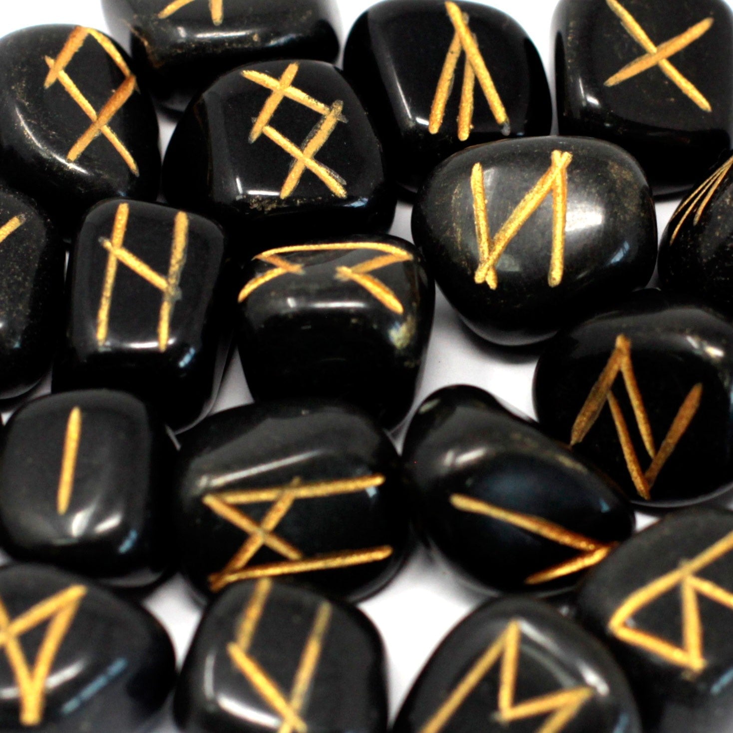 Rune Stone Set in a Pouch - Black Agate Gemstones product packaging on clean background from Quintessential Holistic Health Ltd