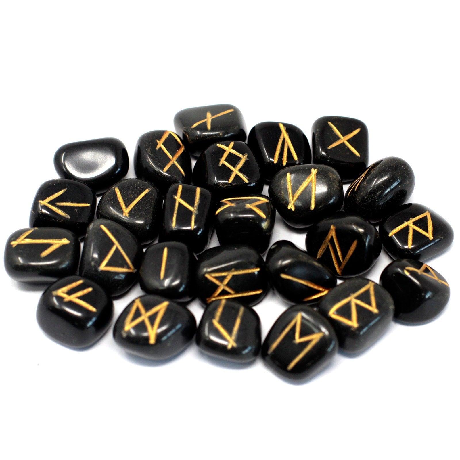 Rune Stone Set in a Pouch - Black Agate Gemstones product packaging on clean background from Quintessential Holistic Health Ltd