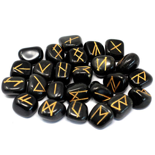 Rune Stone Set in a Pouch - Black Agate Gemstones product packaging on clean background from Quintessential Holistic Health Ltd