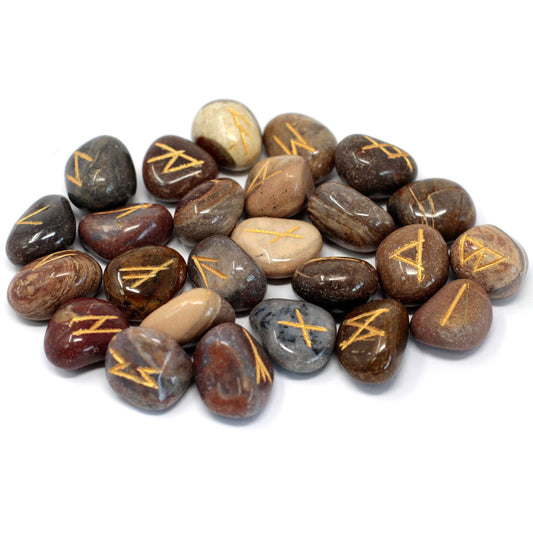 Rune Stone Set in a Pouch - Fancy Jasper Gemstones product packaging on clean background from Quintessential Holistic Health Ltd