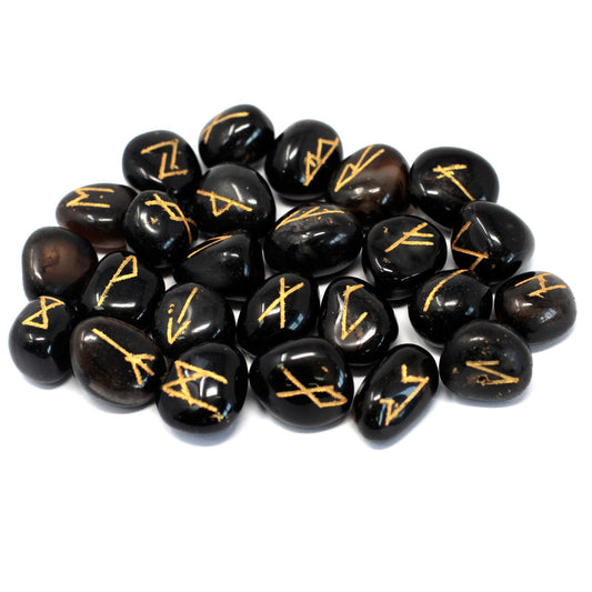 Rune Stone Set in a Pouch - Black Onyx Gemstones product packaging on clean background from Quintessential Holistic Health Ltd