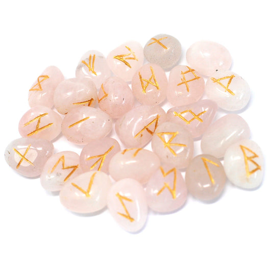 Rune Stone Set in a Pouch - Rose Quartz Gemstones product packaging on clean background from Quintessential Holistic Health Ltd