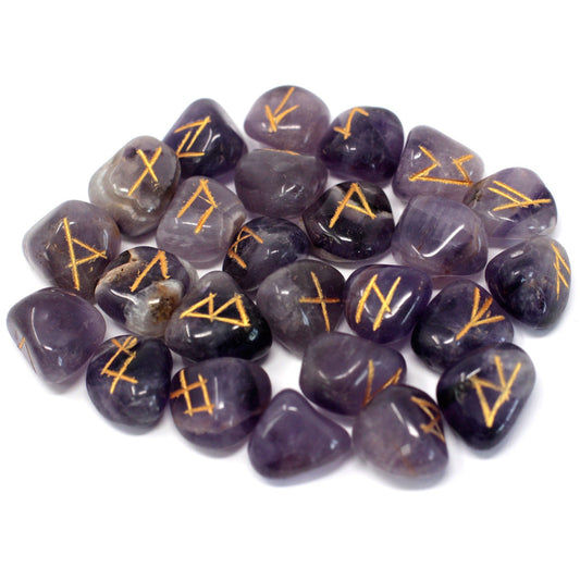 Rune Stone Set in a Pouch - Amethyst Gemstones product packaging on clean background from Quintessential Holistic Health Ltd