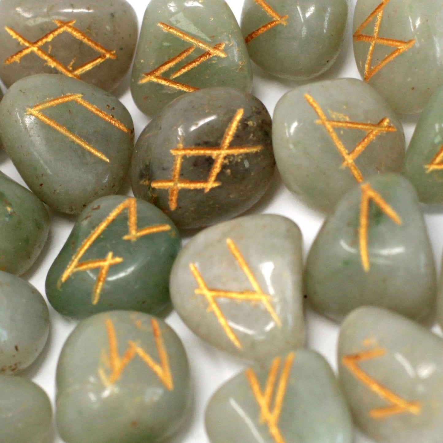 Rune Stone Set in a Pouch - Green Aventurine Gemstones product packaging on clean background from Quintessential Holistic Health Ltd