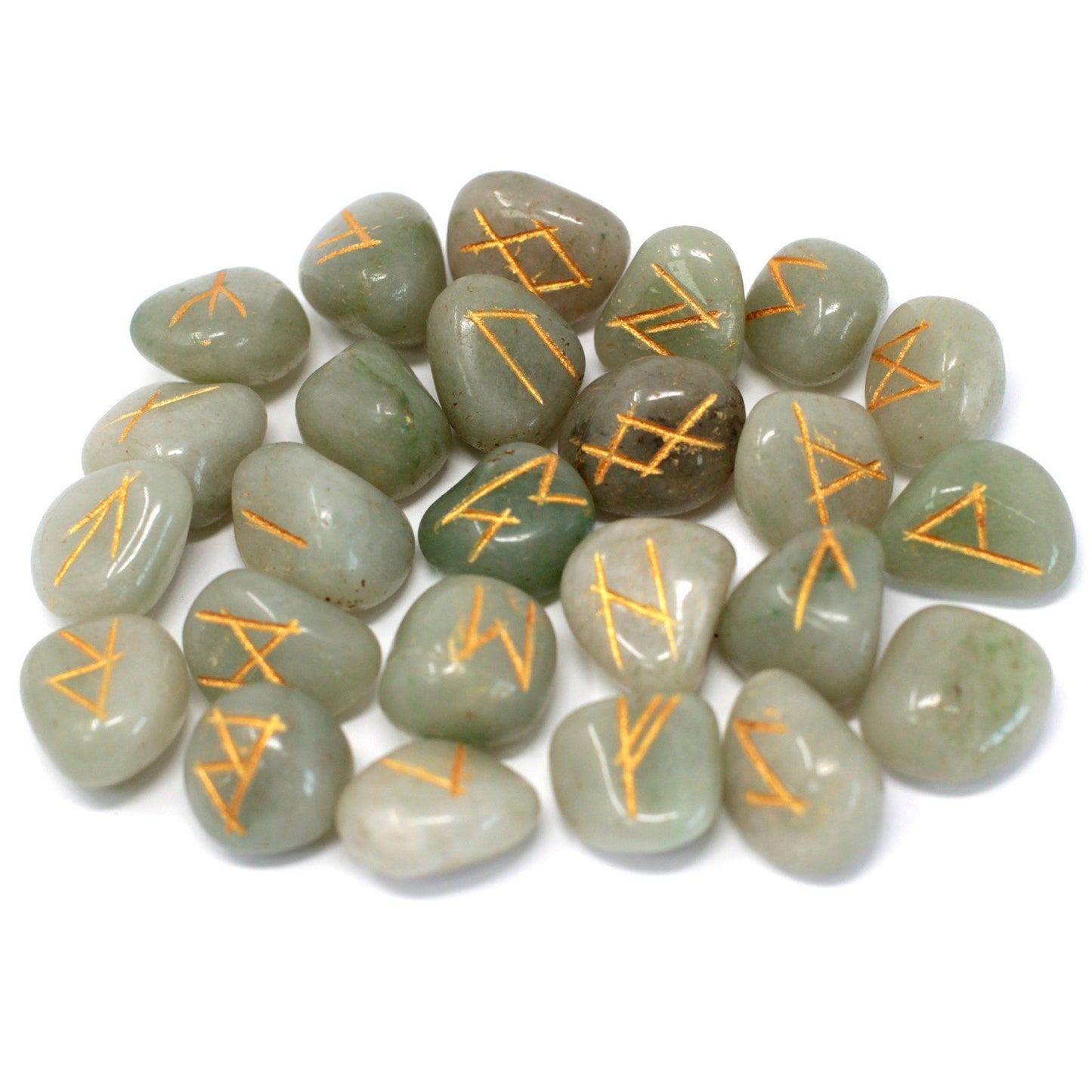 Rune Stone Set in a Pouch - Green Aventurine Gemstones product packaging on clean background from Quintessential Holistic Health Ltd