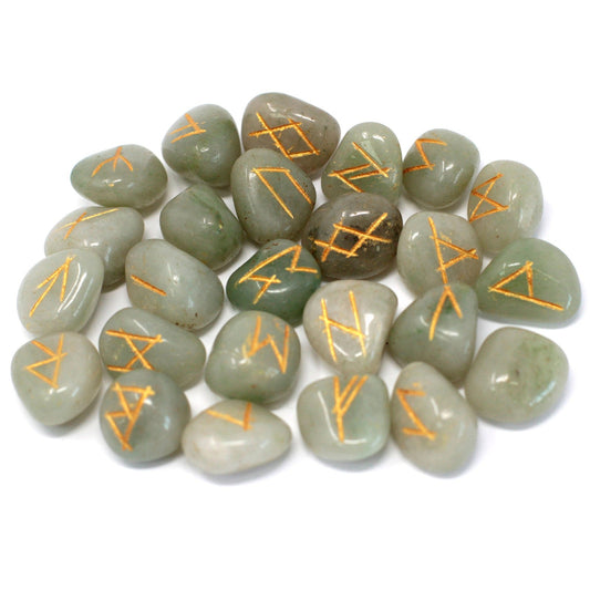 Rune Stone Set in a Pouch - Green Aventurine Gemstones product packaging on clean background from Quintessential Holistic Health Ltd