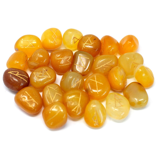 Rune Stone Set in a Pouch - Yellow Onyx Gemstones product packaging on clean background from Quintessential Holistic Health Ltd