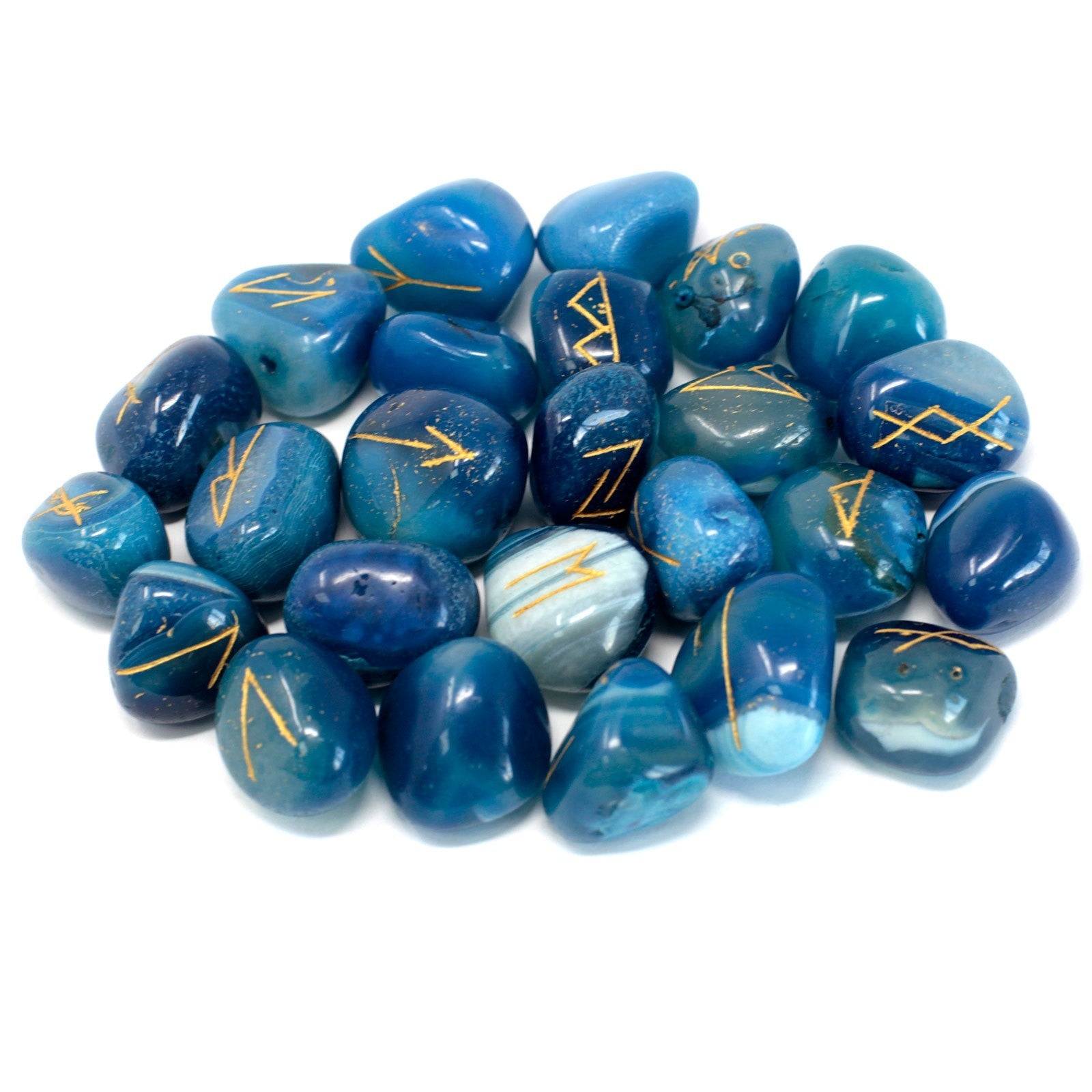 Rune Stone Set in a Pouch - Blue Onyx Gemstones product packaging on clean background from Quintessential Holistic Health Ltd