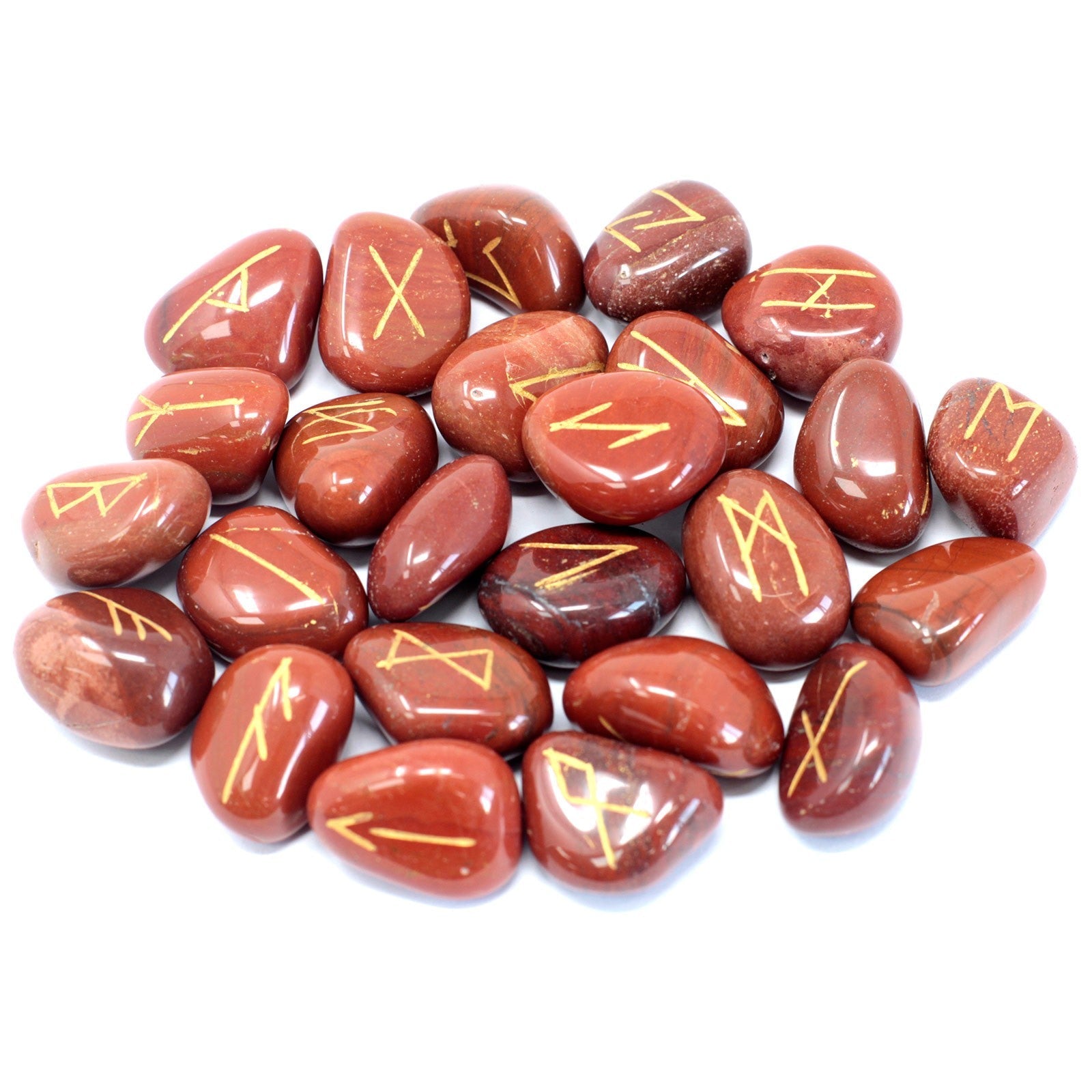 Rune Stone Set in a Pouch - Red Jasper Gemstones product packaging on clean background from Quintessential Holistic Health Ltd