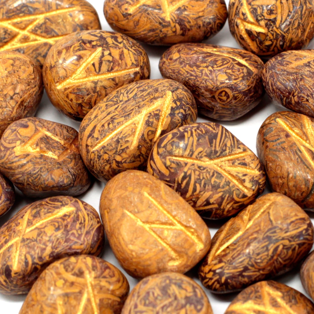 Rune Stone Set in a Pouch - Snakeskin Jasper Gemstones product packaging on clean background from Quintessential Holistic Health Ltd