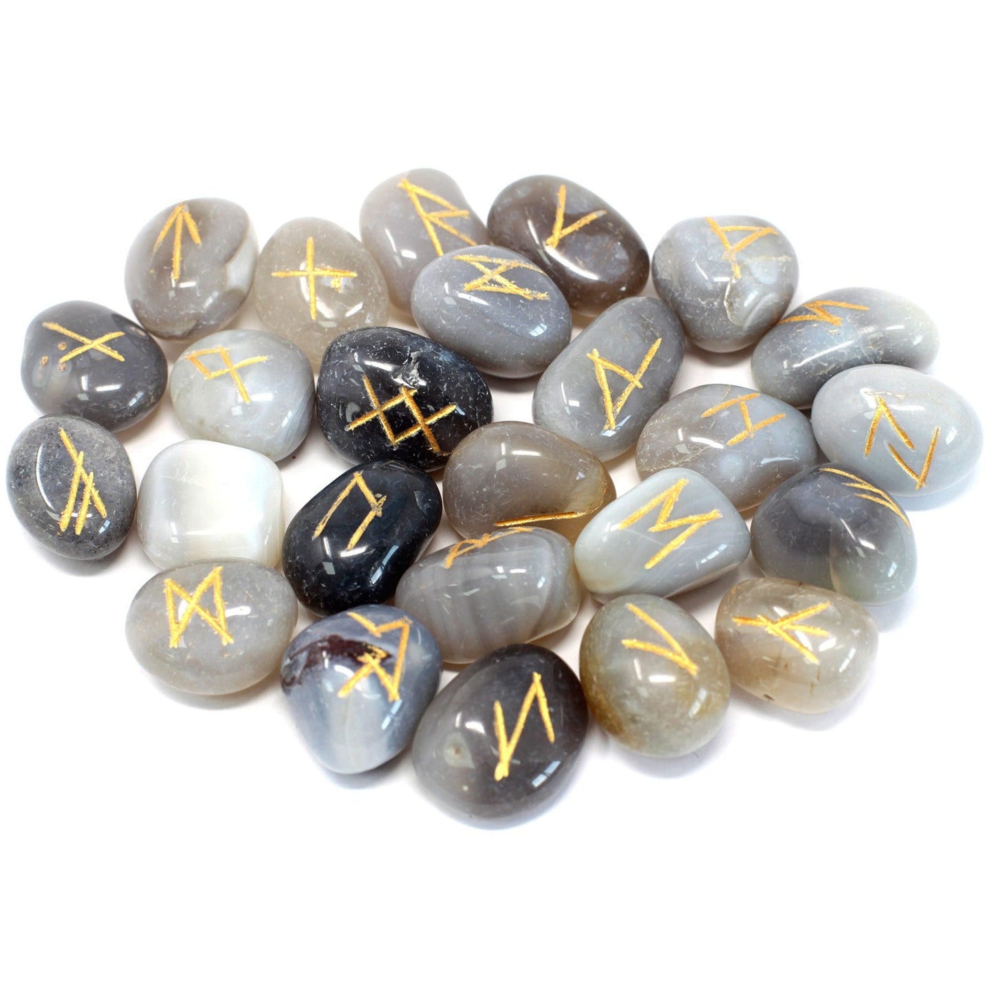 Rune Stone Set in a Pouch - Grey Agate Gemstones product packaging on clean background from Quintessential Holistic Health Ltd