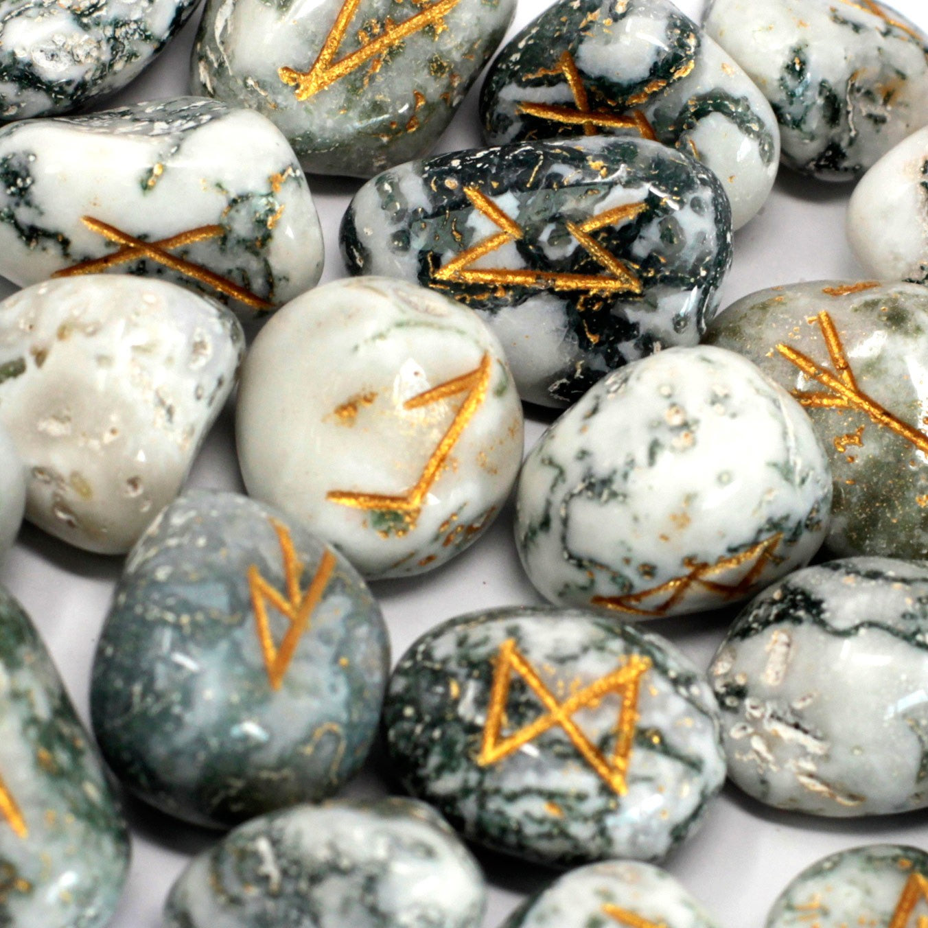 Rune Stone Set in a Pouch - Tree Agate Gemstones product packaging on clean background from Quintessential Holistic Health Ltd