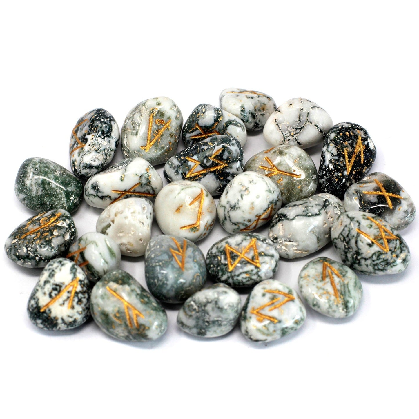 Rune Stone Set in a Pouch - Tree Agate Gemstones product packaging on clean background from Quintessential Holistic Health Ltd
